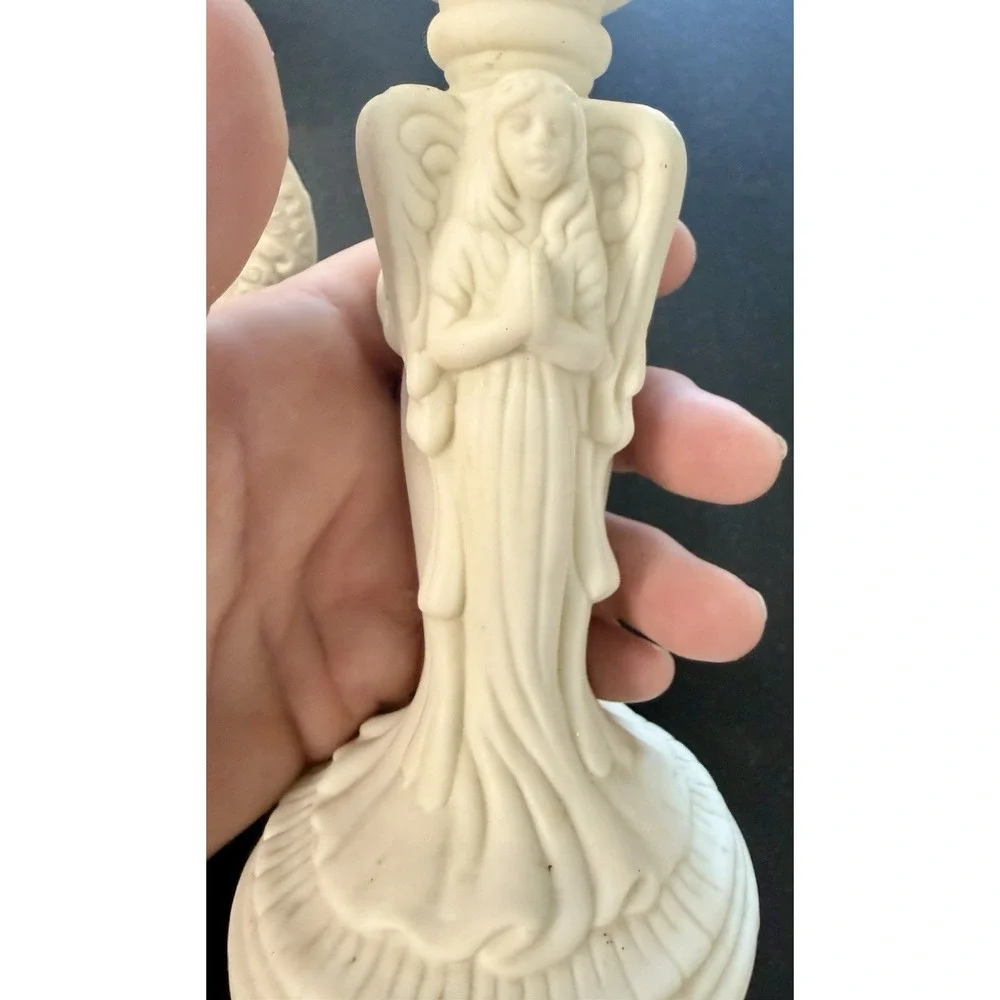 Vintage White Bisque Angel Candlestick Heart Photo Frames Trinket Dish Set